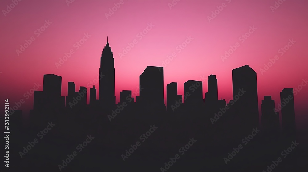 Naklejka premium Silhouette of a city skyline against a vibrant pink sunset.