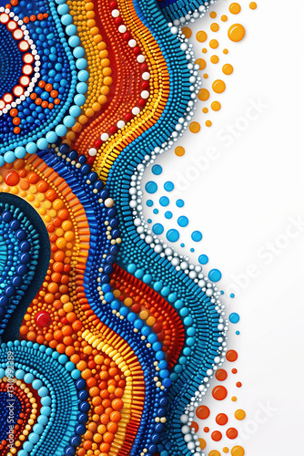 Bright and vibrant abstract patterns mimic traditional African beadwork, featuring a mix of colors like blue, orange, and white. The design offers space for additional text or graphics