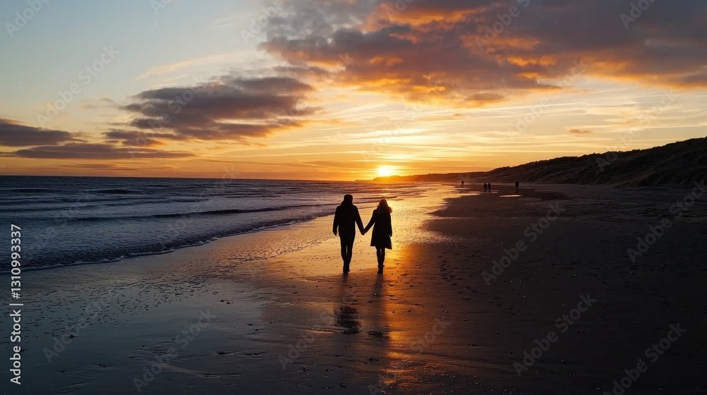 Romantic Silhouette of Couple Walking Hand in Hand at Sunset on the Beach Romantic Silhouette of Couple Walking Hand in Hand at Sunset on the Beach