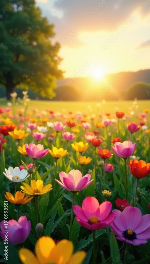 Fototapeta premium Sunlit floral field, colorful blossoms, idyllic scene, yellow, sun, colorful