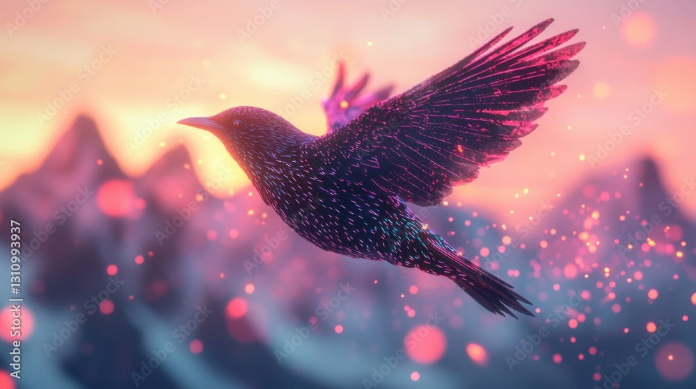 Fototapeta premium European starling in midflight over majestic mountains nature photography vibrant sunset dreamy atmosphere