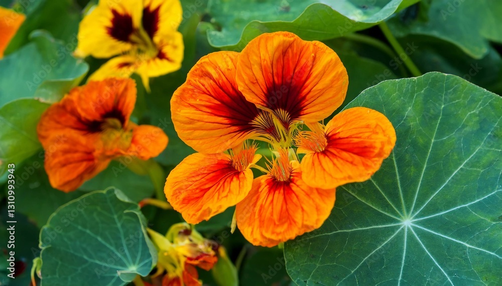Fototapeta premium Close-up of vibrant yellow and orange nasturtium flowers in full bloom, surrounded by lush green leaves. A beautiful botanical scene perfect for gardening, nature, and floral-themed designs.