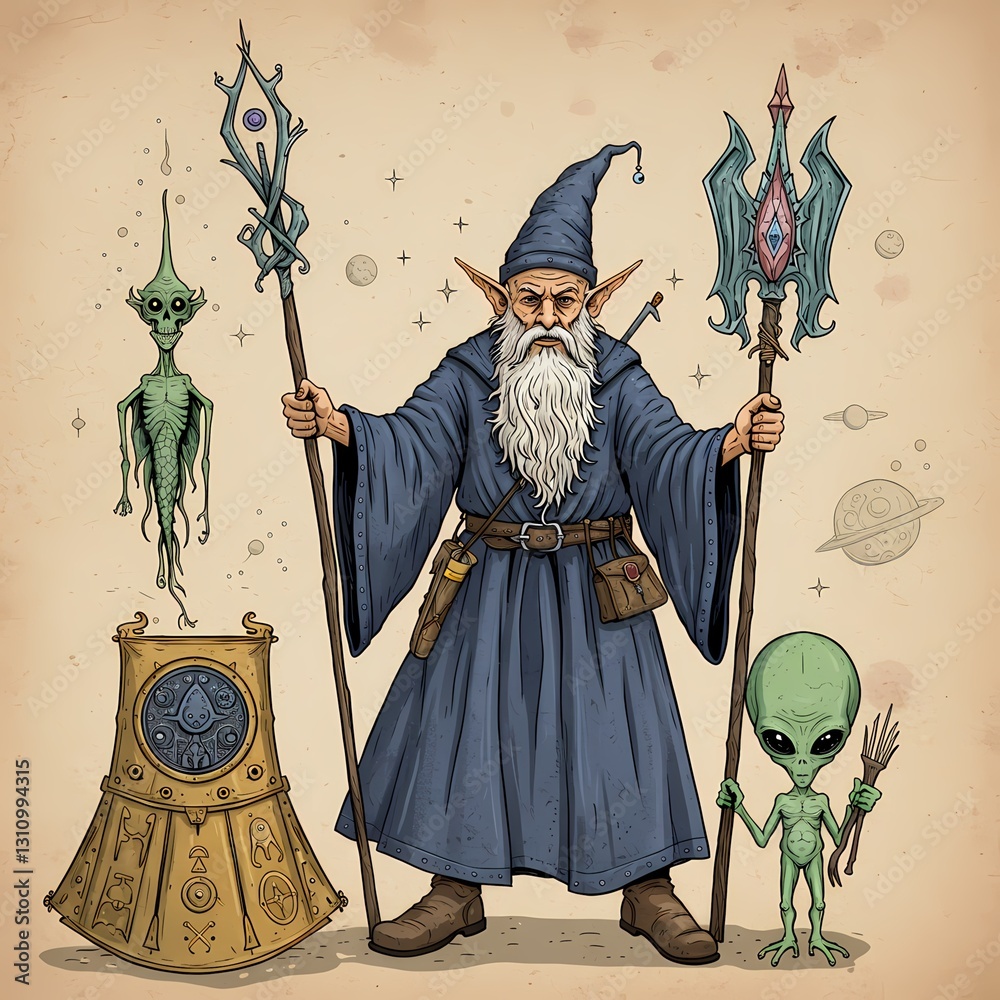 Fototapeta premium Fantasy elf wizard with alien beings and mystical artifacts.