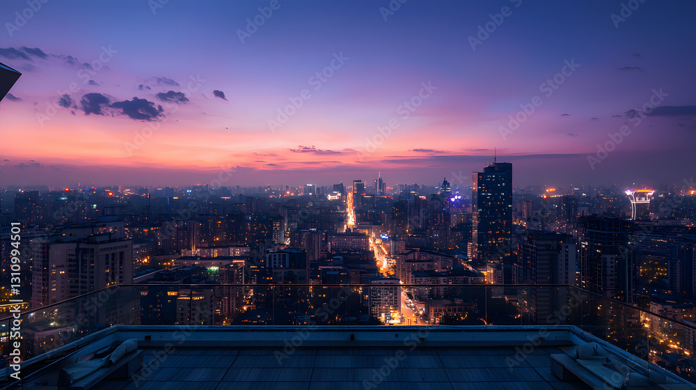 Obraz premium Breathtaking Night View from Rooftop Terrace Overlooking City Lights and Skyline at Dusk