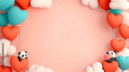 Cute Panda Characters with Colorful Balloons and Soft Clouds Background