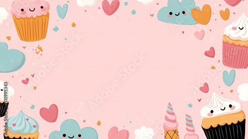Cute and Colorful Dessert Background with Cupcakes and Clouds