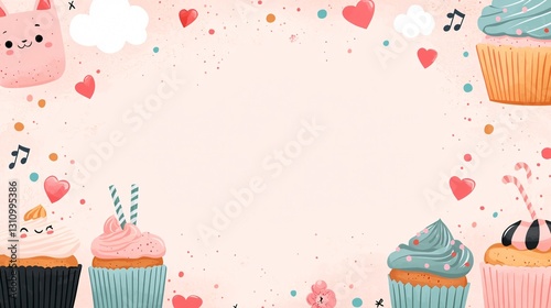 Cute Cartoon Frame with Cupcakes, Hearts, and Sweet Elements