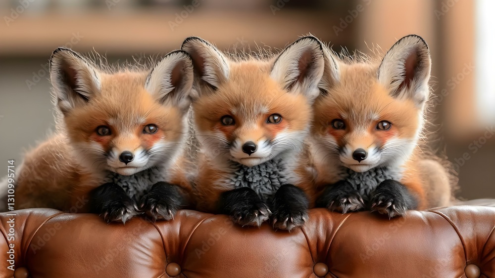 Three playful fox cubs sitting closely together on a cushioned surface, showcasing their fluffy fur and curious expressions. Concept Playful Fox Cubs, Fluffy Fur, Curious Expressions, Cozy Setting Three playful fox cubs sitting closely together on a cushioned surface, showcasing their fluffy fur and curious expressions. Concept Playful Fox Cubs, Fluffy Fur, Curious Expressions, Cozy Setting