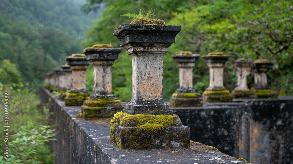 A row of weathered stone columns with moss growing on top, set against a backdrop of lush greenery. A row of weathered stone columns with moss growing on top, set against a backdrop of lush greenery.