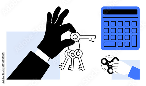 Black hand holding keys, blue calculator, white hand with spinner. Ideal for responsibility, decision-making, control, management, choices property access balance. Flat simple metaphor