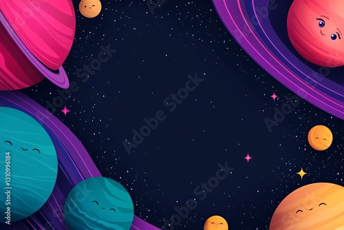 Colorful Cartoon Planets with Smiling Faces in Starry Space Background