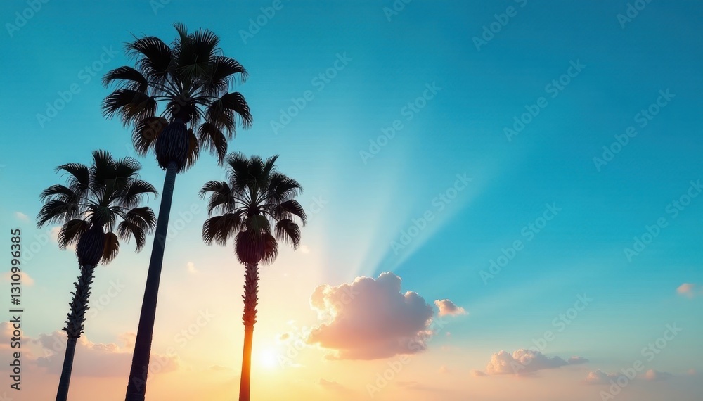 Fototapeta premium Azure sky, silhouette of California palm trees , element, texture