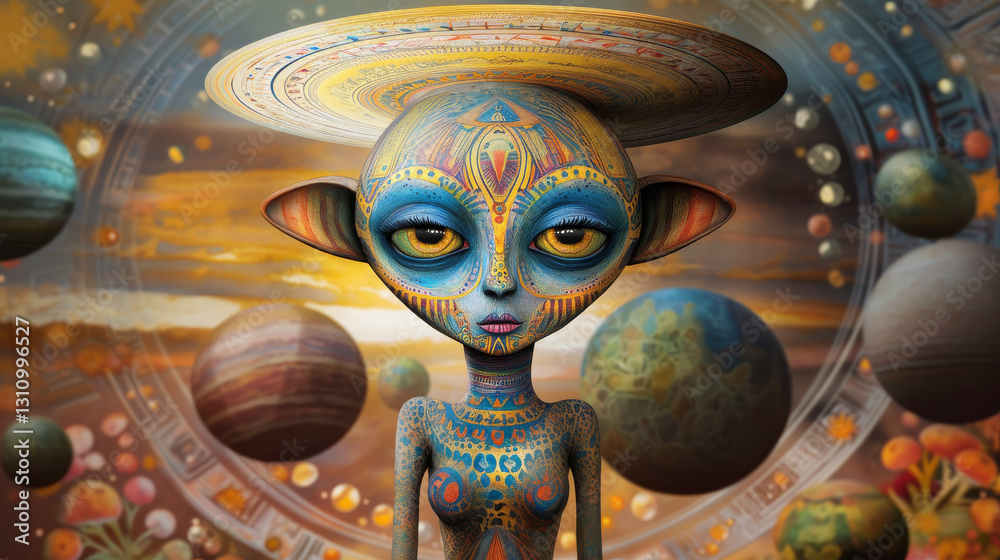 Fototapeta premium Celestial Guardian: An ethereal being, adorned with intricate cosmic patterns, gazes serenely upon the cosmos, surrounded by celestial bodies in a dreamlike, surreal realm.
