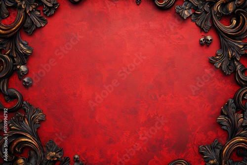 Ornate Decorative Frame with Skulls on a Vibrant Red Background