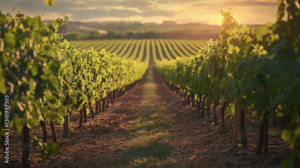 Naklejka premium Stunning vineyard landscape at sunset with rows of lush green grapevines