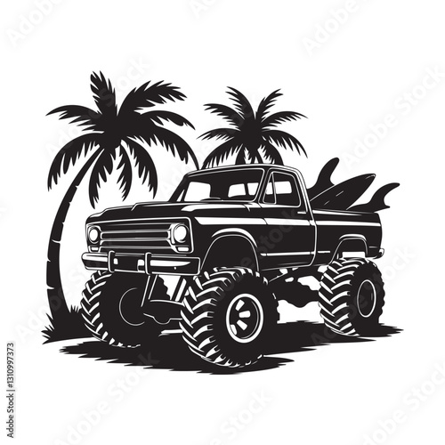 Monster truck with oversized tires parked on a beach silhouette vector   illustration
