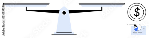 Balance scale in center symbolizing equality, dollar sign for monetary focus, pie chart for data analysis. Ideal for fairness, economy, decision-making, evaluation, analytics, justice investment