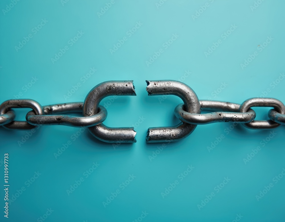 Broken metal chain link on blue backdrop weakness, vulnerability, disconnection. Illustrates fragility, separation, isolation. Represents security, connection, potential bankruptcy. Macro shot of