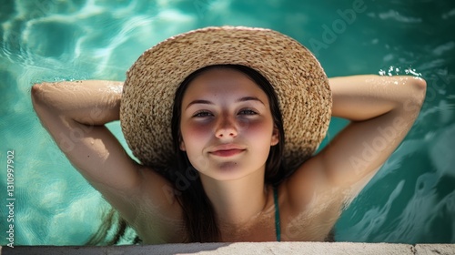 The water of the pool is sparkling in the sun, and the background may be blue...