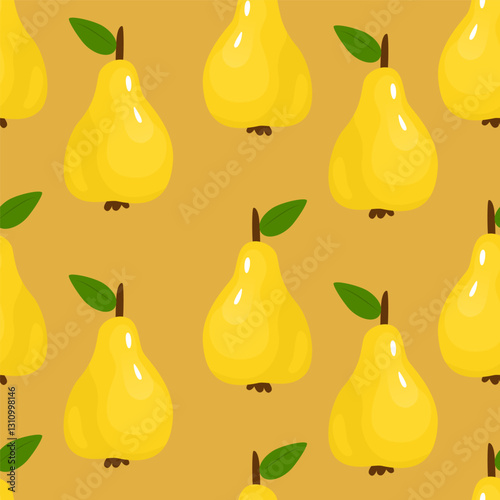Endless seamless pattern with pears on a yellow background. Vector illustration for gift wrapping. Farm products, harvest. Sweet fruit. Print for notebook, postcard or textile design.