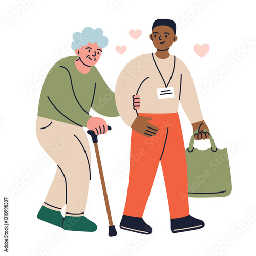 Vector illustration, flat cartoon characters. Volunteer man helping elderly person with cane, carrying shopping bag. Senior support, care, assistance, social work, charity, community, companionship