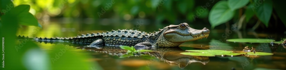 Fototapeta premium Camouflaged alligator in sun-dappled swamp, vibrant green plants , ecosystem, still water
