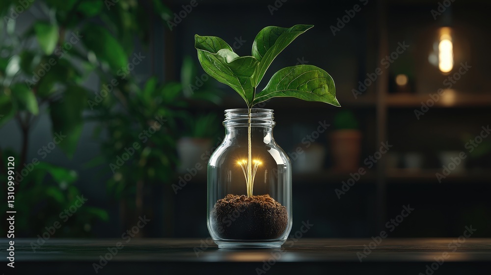 Plant seedling in glass jar with glowing light bulb inside, on dark wood table.