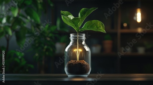 Obraz na płótnie Plant seedling in glass jar with glowing light bulb inside, on dark wood table. w salonie