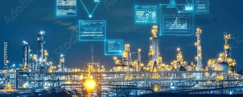 A futuristic industrial landscape featuring illuminated facilities with digital data overlays and graphs, representing advanced technology in manufacturing.