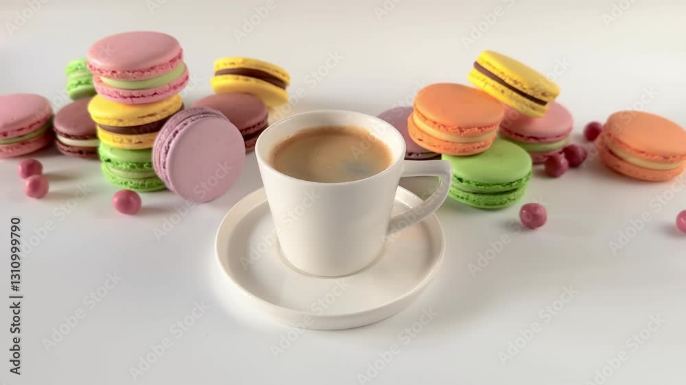 A small white espresso mug on a background of colorful beautiful French macaroni cakes on a white background. A small white espresso mug on a background of colorful beautiful French macaroni cakes on a white background.