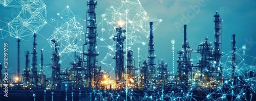 A futuristic oil refinery skyline with glowing digital connections, symbolizing technology's integration with the energy industry.