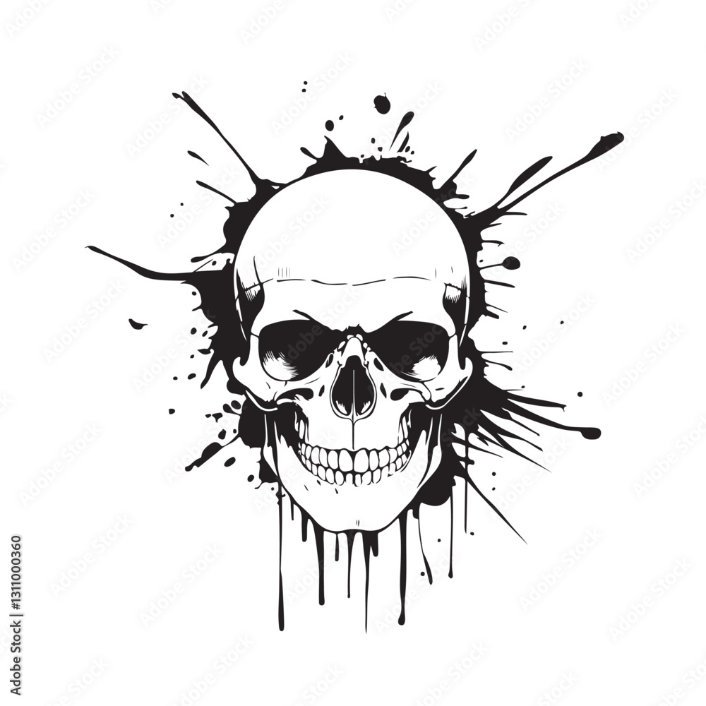 Obraz premium Skull head with artistic splatter effects silhouette vector