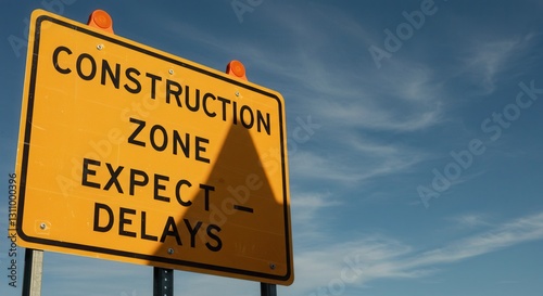 Construction Zone Sign Expect Delays with Blue Sky Background Warning