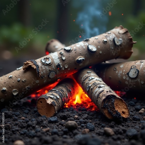 Charred birch logs smolder in damp earth, embers glowing faintly , summer, embers photo