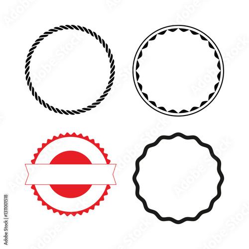 Blank stamp icons and seals with circular frame designs, scalloped edges, wavy borders, and minimalist vector graphics