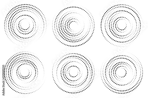 Dotted halftone concentric circles radiating from center to periphery. High speed connected in radial circle. Simple vector elements for designing advertisements and banners of racing and sport