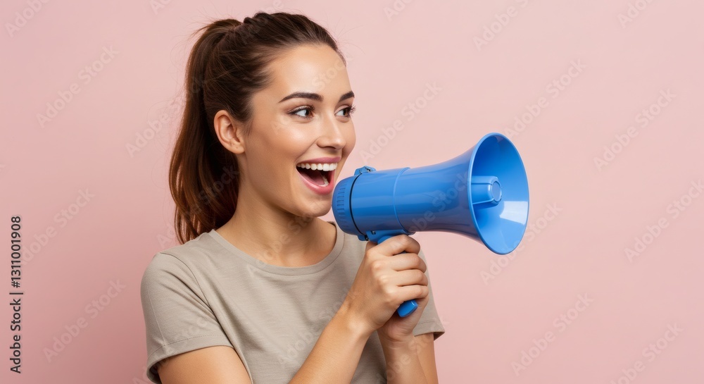 Woman Speaking Loudly with Megaphone Against Light Pink Studio Background Woman Speaking Loudly with Megaphone Against Light Pink Studio Background