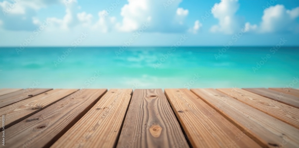 Weathered wooden planks, blurred ocean backdrop, wood texture, ocean view Weathered wooden planks, blurred ocean backdrop, wood texture, ocean view