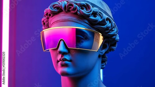 Wallpaper Mural Classical statue wearing futuristic neon sunglasses in bold blue and pink lighting. 4K video Torontodigital.ca