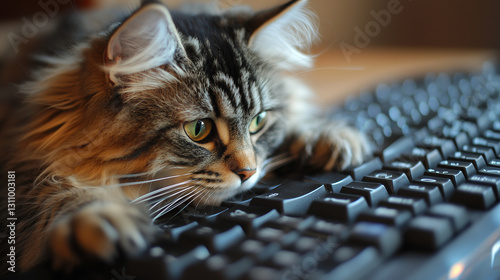 A person typing an email while their cat sits on the keyboard, adding to their frustration, capturing the playful interruption of a pet in a home office setting.
