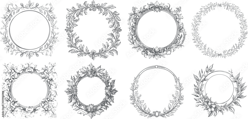 Hand drawn round floral frames. Sketch flower, leaves and branches decoration wreath. Hand drawn round floral frames. Sketch flower, leaves and branches decoration wreath.