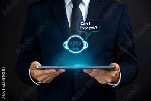AI agent concept. Businessman using a tablet with digital assistant interaction.