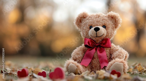 Cute teddy bear in red bow surrounded by hearts on autumn foliage evoking romance and affection in nature
