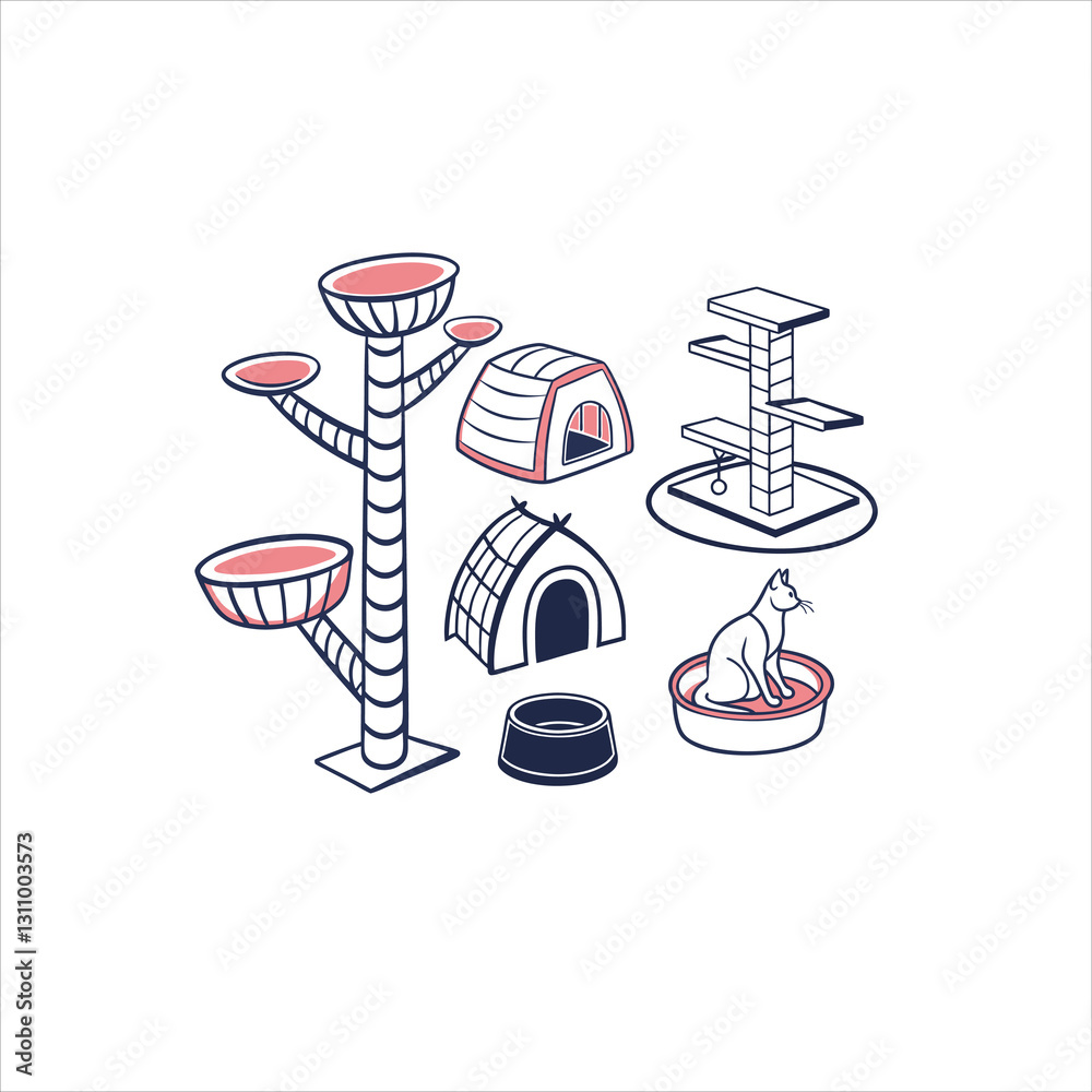 Fototapeta premium Modern Cat Furniture and Accessories Vector Illustration