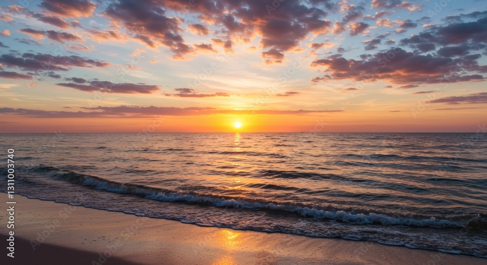Ocean Waves Lapping on the Shoreline at Sunset with Cloudy Sky Ocean Waves Lapping on the Shoreline at Sunset with Cloudy Sky
