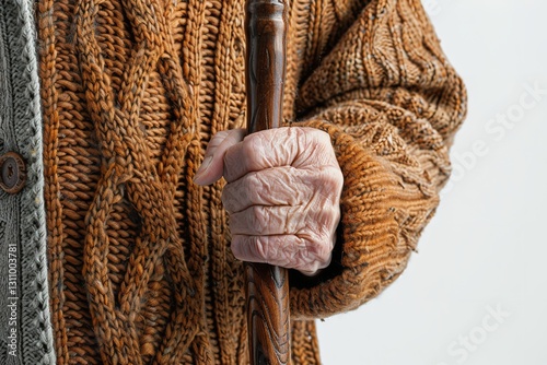 An up-close view of an old woman's hands gripping a wooden cane while his attire includes a shirt and jumper with text space , Generative AI.