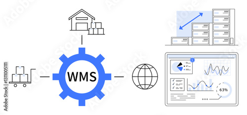 WMS gear connecting storage, shipment, and analytics dashboard with inventory trends. Ideal for supply chain, logistics, inventory control, data analytics, business planning, efficiency flat simple