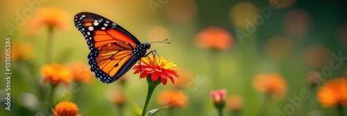 Monarch butterfly nectaring on vibrant wildflowers , closeup, ecology photo