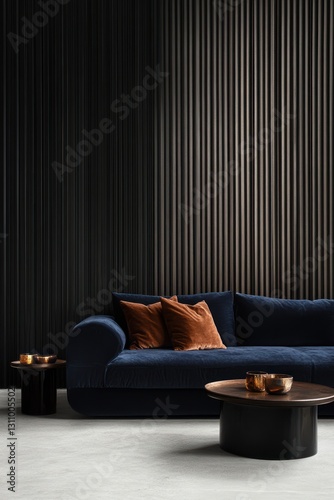 Modern navy blue sofa, brown cushions, dark wall, living room interior design photo