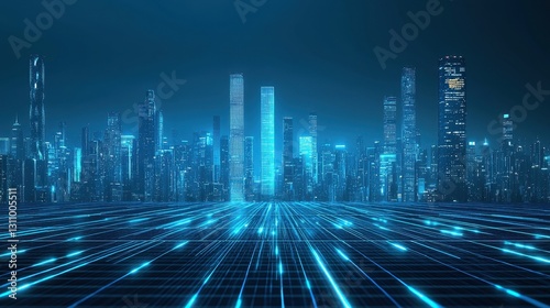 Futuristic Cityscape with Neon Lights and Digital Grid Perspective